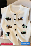 Cute Puppy Embroidered Knitted Sleeveless Vest Sweater