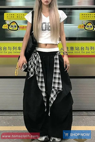 Loose Wide Leg Plaid Patchwork Cargo Pants