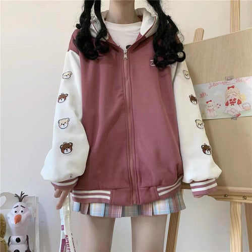 Loose Bears Sleeve Pattern Hooded Baseball Jacket