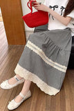 High Waist Vintage Plaid Lace Patchwork Long Skirts