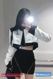 Long Sleeve Vintage Black And White Leather Cropped Jacket