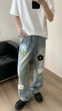 Vintage Flower Embroidered Long Men Jeans Pants