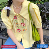 Flower Embroidered Lapel Collar Vintage Blouse Shirt