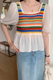 Half Sleeve Square Neck Rainbow Striped Crochet Shirt