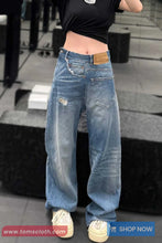 Unique Irregular Pocket Button Ripped Denim Pants