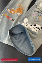 Cute Kitten Meow Puppy Embroidered Jeans Pants