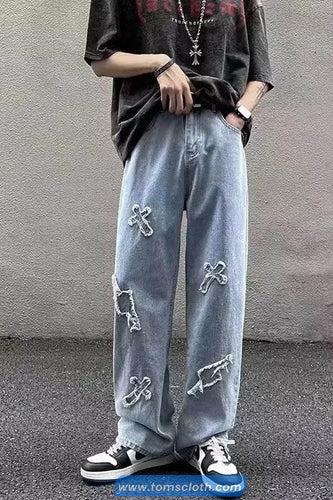 Cross Embroidered Hip Hop Jeans Pants