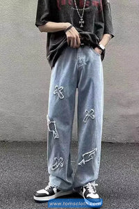Cross Embroidered Hip Hop Jeans Pants