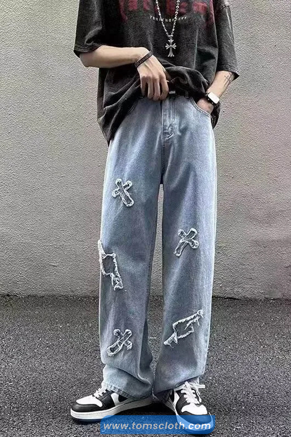 Cross Embroidered Hip Hop Jeans Pants