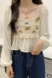 Long Sleeve Flower Embroidered Crochet Blouse