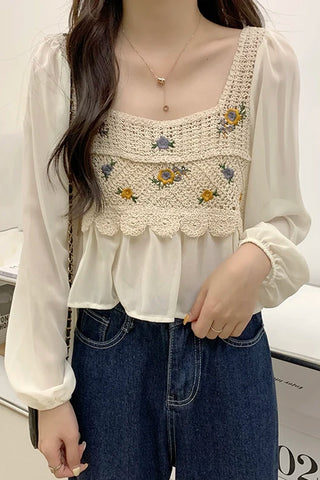 Long Sleeve Flower Embroidered Crochet Blouse