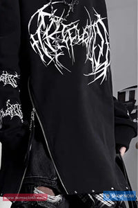 Long Sleeve Gothic Metal Printed Side Zipper Off Shoulder Shirt