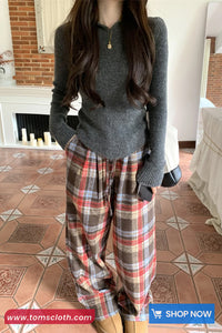 High Waist Elastic Retro Plaid Colors Loose Pants
