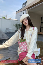 Long Sleeve Turn Down Collar Strawberry Pattern Sweater