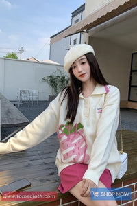 Long Sleeve Turn Down Collar Strawberry Pattern Sweater