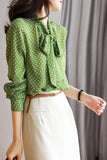 Long Sleeve Bow Collar Dot Pattern Blouse Shirt