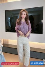 Long Sleeve Polka Dots Pattern Purple Chiffon Blouse Shirt