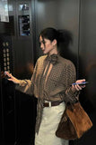 Long Sleeve Hollow Out Lace Up Plaid Blouse Shirt