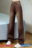 High Waist Retro Long Brown Jeans Pants