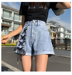 High Waist Bow Lace Denim Shorts