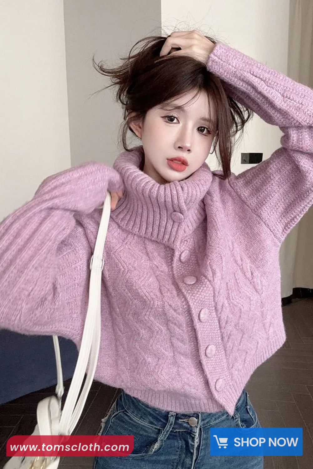 Long Sleeve Knitted Cropped Style Turtleneck Sweater