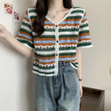 V-Neck Button Up Striped Embroidery Crochet Shirt