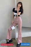 Casual Pink Checkered Slim Flare Long Pants