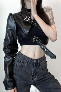 Long Sleeve One Shoulder Leather Belt Crop Tops