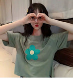 Loose Cropped Daisy Cartoon O-Neck Shirt
