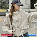 Loose Semi High Collar Retro Tweed Jacket