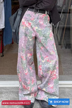 High Waist Full Flowers Patten Pink Denim Pants
