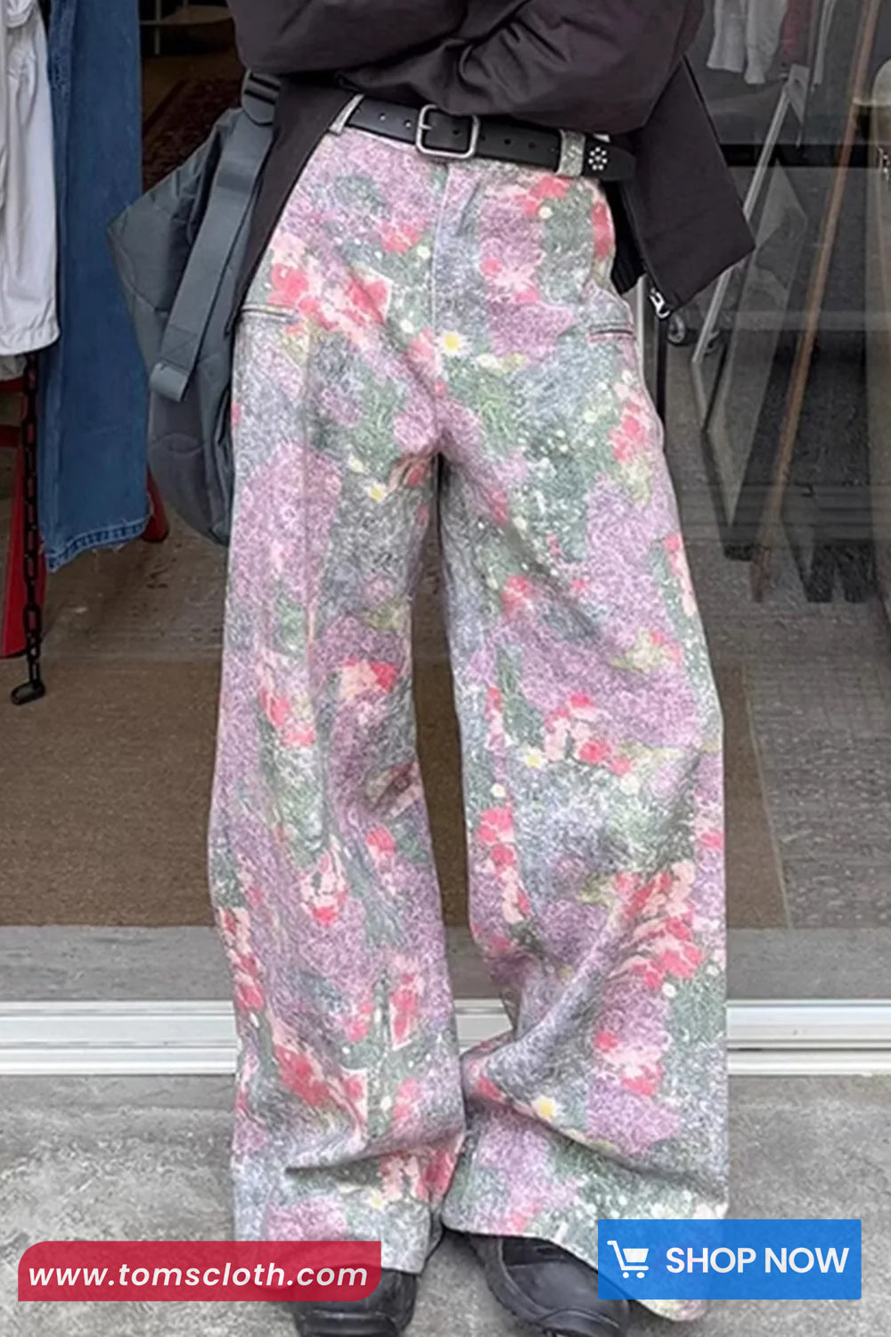 High Waist Full Flowers Patten Pink Denim Pants
