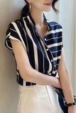 Short Sleeve Irregular Striped Retro Office Shirt