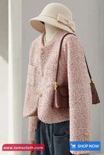Long Sleeve O-Neck Pink Elegant Tweed Jacket