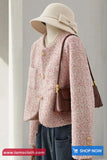Long Sleeve O-Neck Pink Elegant Tweed Jacket