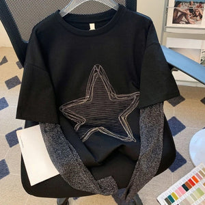 Long Sleeve Star Patchwork Fake Two Style Shirt