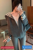 Long Sleeve Striped Sailor Collar Zipper Cardigan Sweater