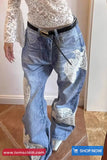 High Waist Lace Bird Embroidered Retro Jeans Pants
