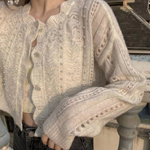 Long Sleeve Knitted Hollow Out Pearls Cardigan Sweater