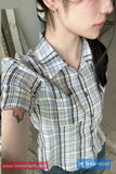 Short Sleeve Plaid Pattern Pocket Slim Blouse Shirt