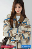 Long Sleeve Retro Woolen Plaid Zipper Collar Jacket