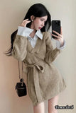 Long Sleeve V-Neck Belted Knitted Mini Dress