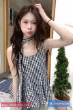 Cute Lace Up Sleeveless Plaid Summer Shirt