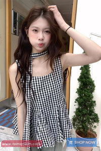 Cute Lace Up Sleeveless Plaid Summer Shirt