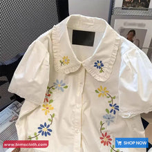 Cute Retro Doll Collar Flower Embroidered Blouse Shirt