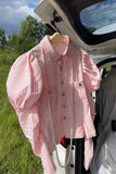Puff Long Sleeves Striped Pink Blouse Shirts