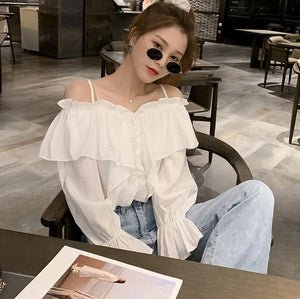 Long Sleeve Sexy Slash Neck Ruffles Slim Shirts