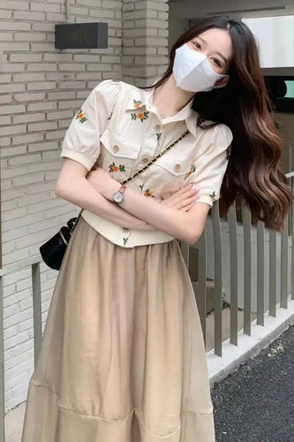 Puff Sleeve Turn Down Collar Flower Embroidered Shirt