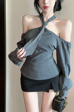 Long Sleeve Sexy Halter Off Shoulder Striped Blouse Shirts