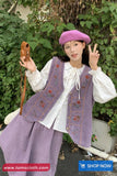 Sleeveless Floral Embroidered Vest Corduroy Purple Sweater